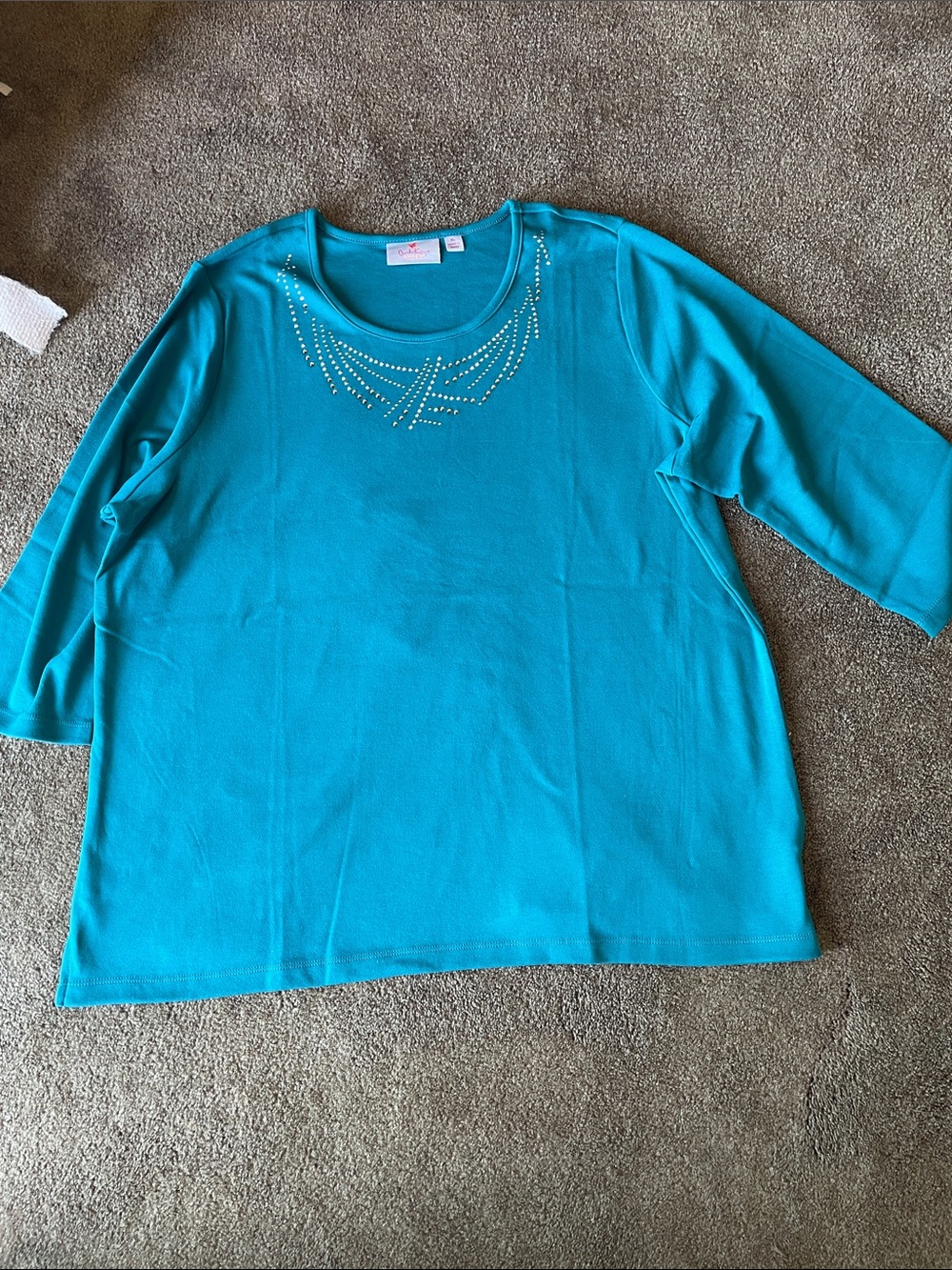 Quacker Factory Teal Long Sleeve Scoop Neck Top with Rhinestone Accent